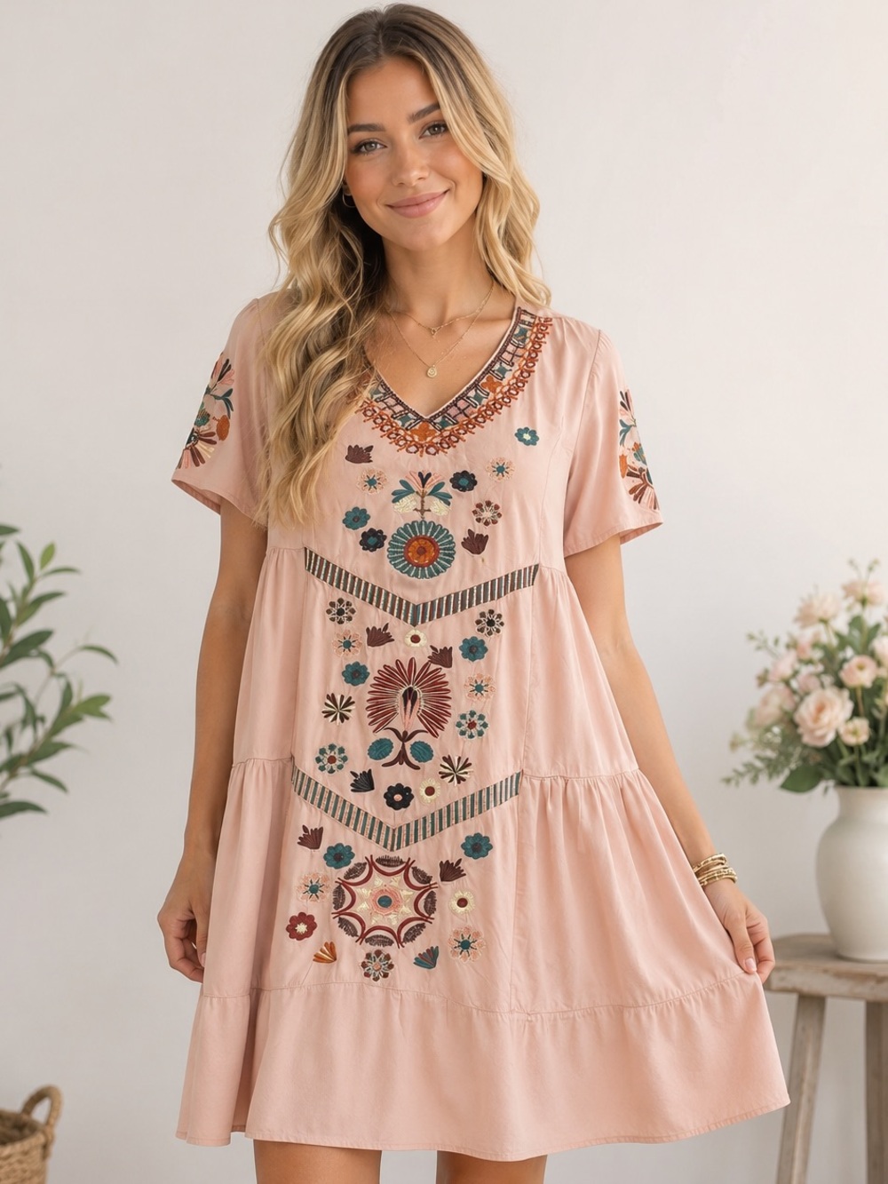 Orange Creek Embroidered Boho Tiered Midi Dress Pink Rayon S/M Cottagecore